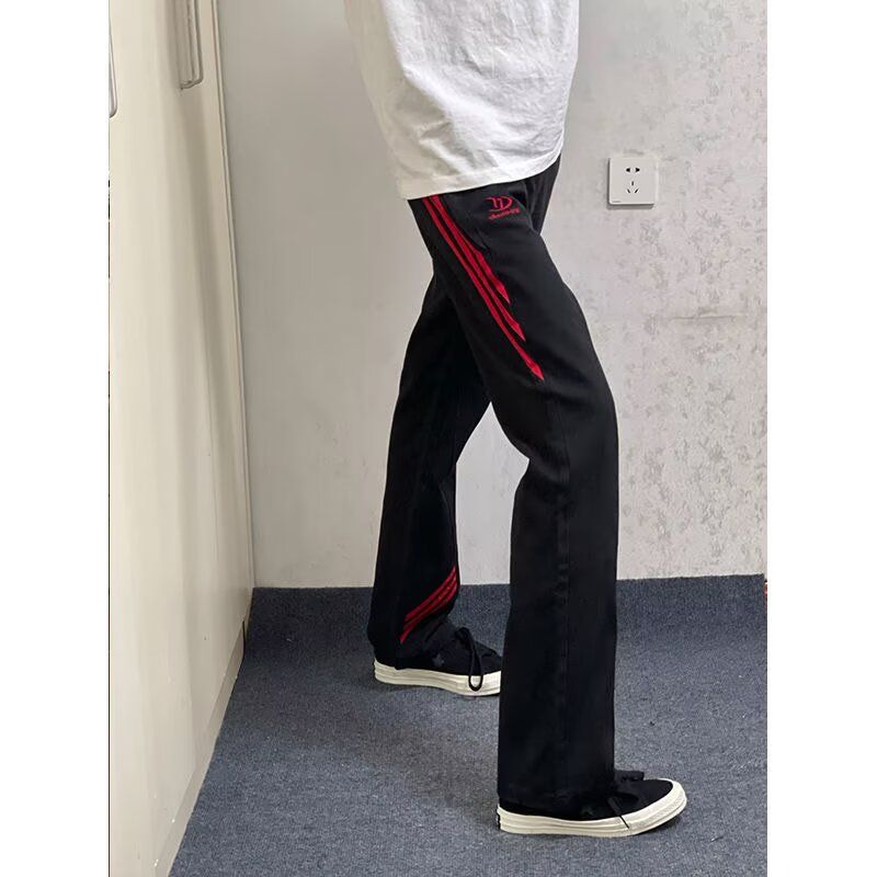 1506/QG6140/P41斜杠三条纹红黑撞色拼接显瘦微喇牛仔裤男1,男装牛仔裤,星座1506