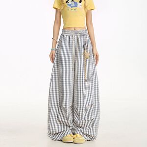 1506/Q90170/P50星星挂饰裤子夏季蓝格子直筒裤女垂感休闲阔腿裤图片
