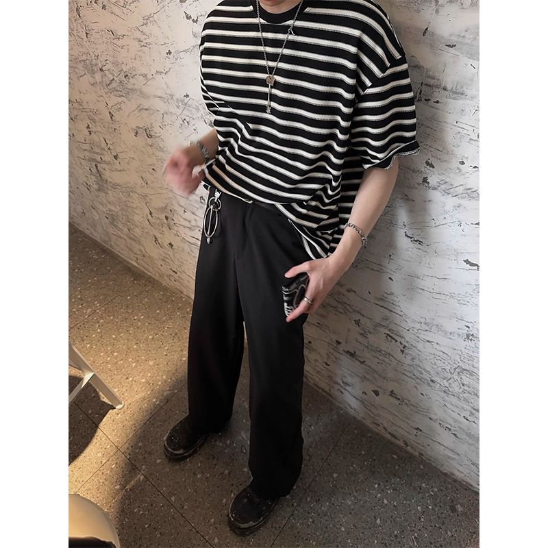 1506/Q295/P38黑白条纹短袖t恤男生夏季重磅潮牌宽松中袖体恤T,男装T恤,星座1506