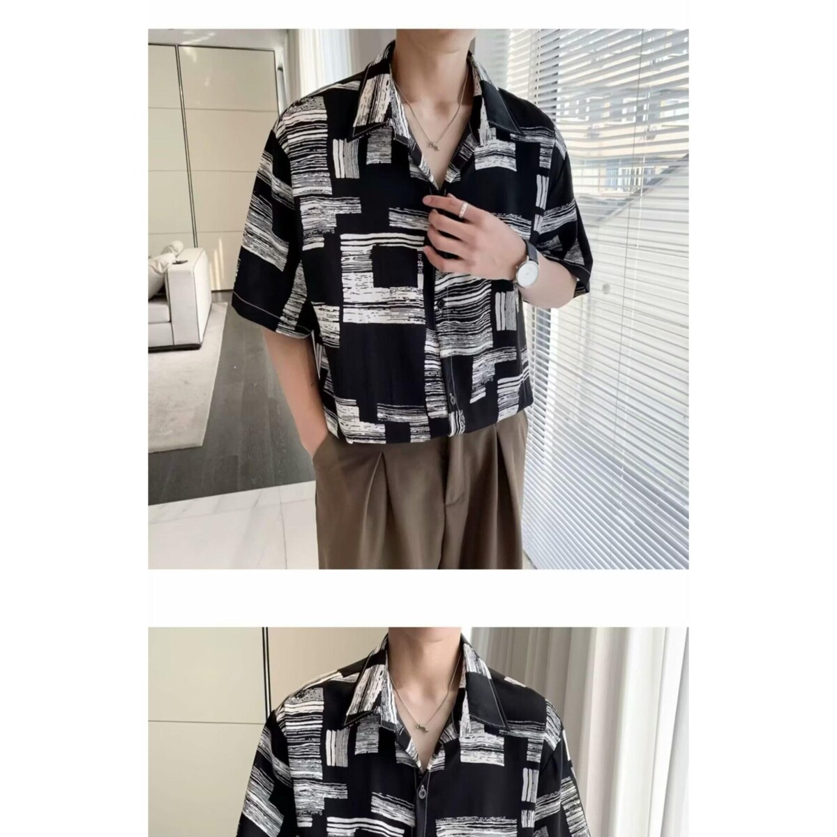 1506/QCS090/P29高品质短袖衬衫男夏冰丝度假花衬衣条纹宽松半袖,男装衬衫,星座1506