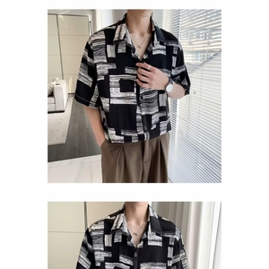 1506/QCS090/P29高品质短袖衬衫男夏冰丝度假花衬衣条纹宽松半袖图片