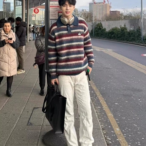 1506/QMY98230/P61美式慵懒覆古宽松条纹毛衣男女秋冬老钱风上衣1图片