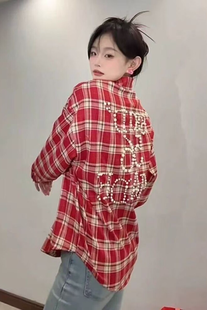 1506/QYC860/P52美式复古钉珠设计格子衬衫长袖宽松情侣时尚衬衣,男装衬衫,星座1506