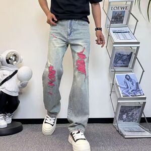 1506/Q1390/P49破洞牛仔裤男款做旧潮流宽松直筒休闲百搭长裤子图片