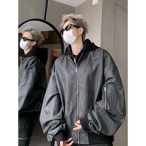 1506/Q76380/P78美式PU皮假两件外套男冬潮大码连帽夹克男2025年图片