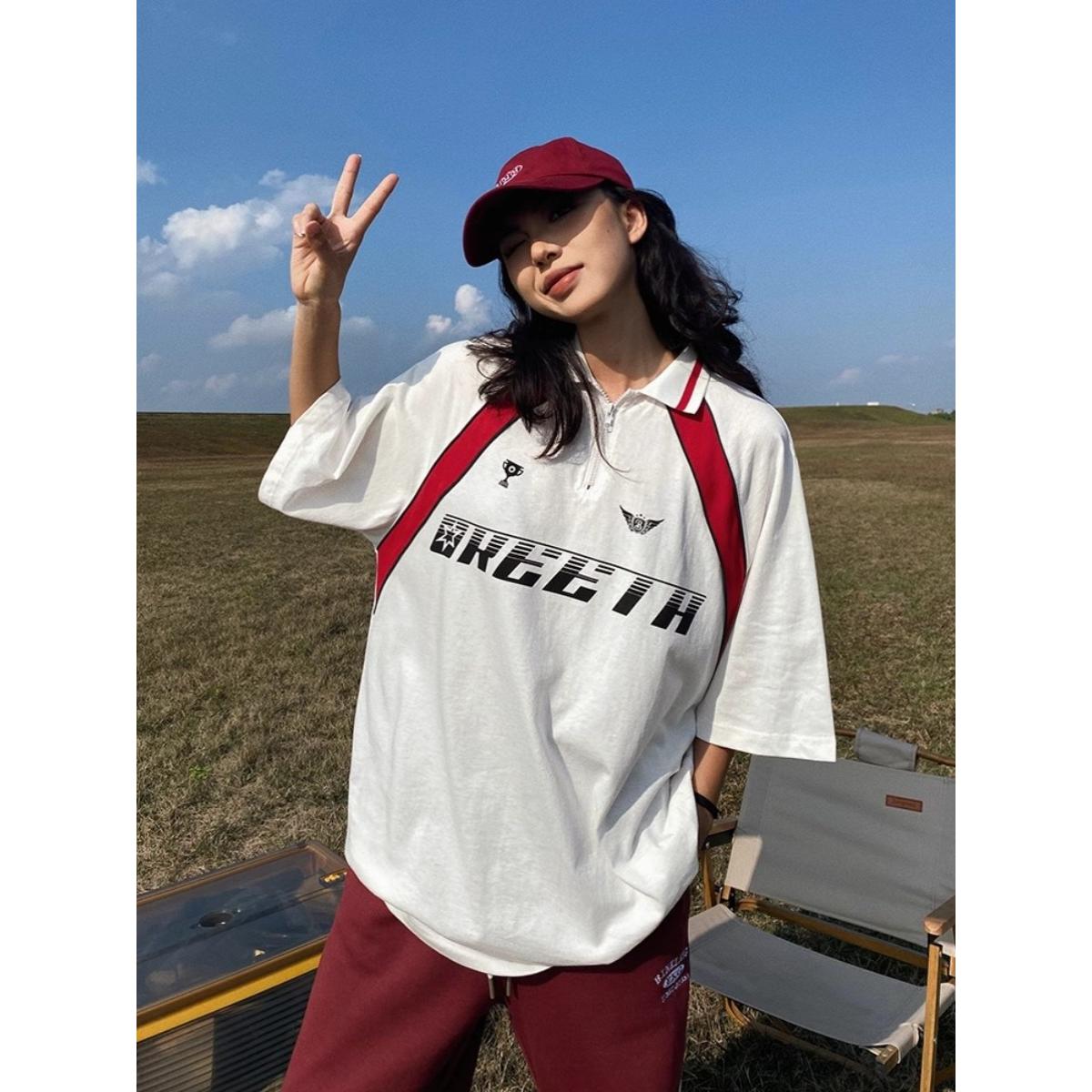 1506/Q30490/P35美式拼接撞色POLO衫足球服插肩袖短袖T恤男女1图片