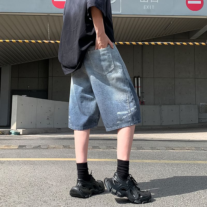 1506/QB1610/P54满印挂饰阔腿七分牛仔裤男夏中裤宽松五分短裤,男装牛仔裤,星座1506