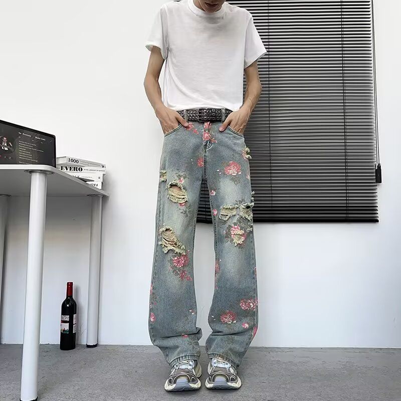 美式高街花卉破洞牛仔裤男痞帅高级感显瘦裤子cleanfit直筒微喇裤,男装牛仔裤,星座1506