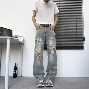 美式高街花卉破洞牛仔裤男痞帅高级感显瘦裤子cleanfit直筒微喇裤图片