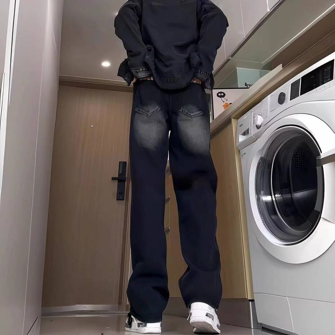1506/Q10220/P32美式宽松渐变微喇牛仔裤男春秋松紧黑色休闲裤,男装牛仔裤,星座1506