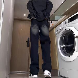 1506/Q10220/P32美式宽松渐变微喇牛仔裤男春秋松紧黑色休闲裤图片