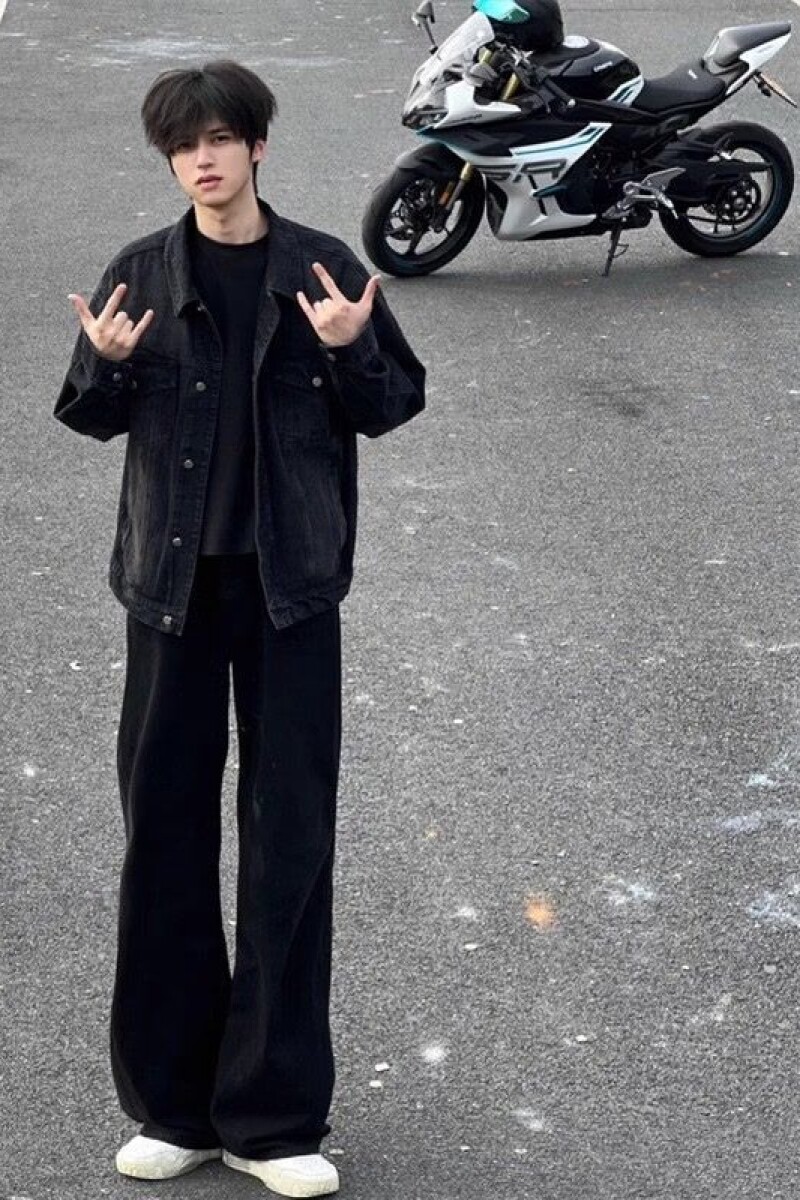 1506/Q80170/P34古着纯黑色直筒牛仔裤男简约微喇阔腿裤休闲裤子,男装牛仔裤,星座1506
