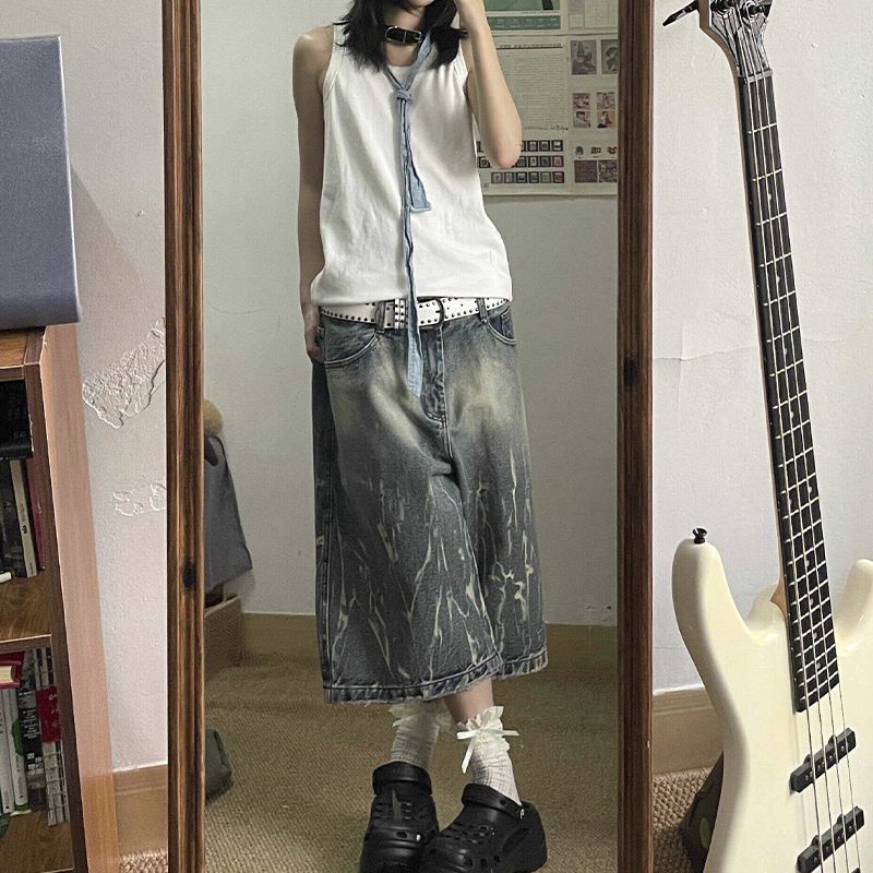 1506/QK11130/P43美式水洗闪电纹七分牛仔短裤男女宽松阔腿裤中裤,男装牛仔裤,星座1506