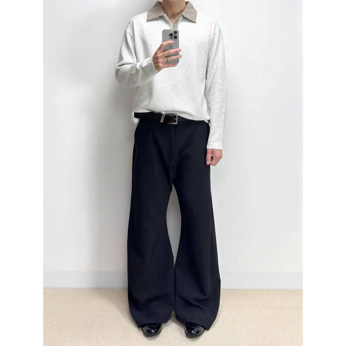 千鸟格拼接polo领长袖T恤男款老钱风cleanfit卫衣美式内搭打底衫,男装Polo衫,星座1506