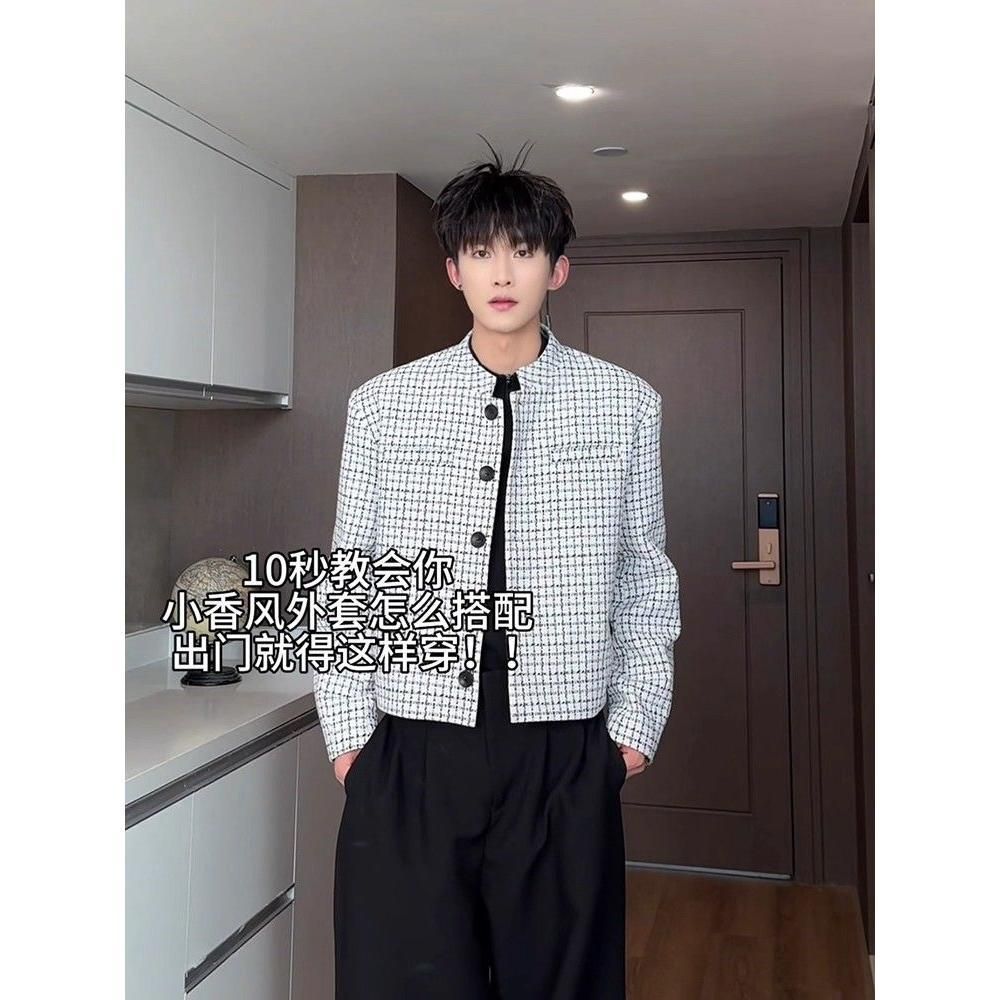 1506/QJ4050/P62白色小香风西装外套男韩系夹克短款千鸟格西服,男装西服,星座1506