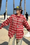 1506/QYC860/P52美式复古珍珠长袖格子衬衫男女oversize休闲衬衣1，男装衬衫，星座1506