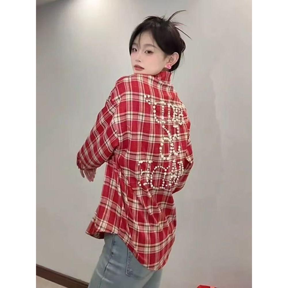 1506/QYC860/P52美式复古钉珠设计格子衬衫长袖宽松情侣时尚衬衣,男装衬衫,星座1506
