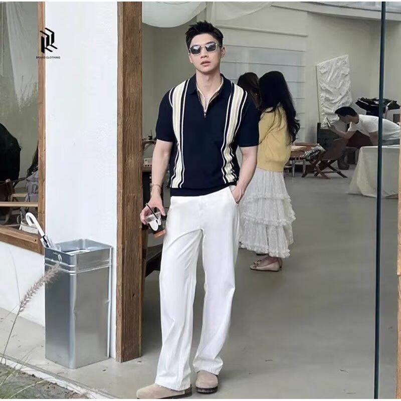 1506/QB2990/P49撞色条纹翻领POLO衫男高品质冰丝针织短袖t恤,男装T恤,星座1506