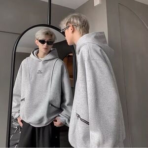 1506/QY230/P48男生白花灰连帽套头卫衣400g秋装青少年休闲宽松图片