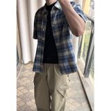 1506/Q44020/P38复古格子短袖衬衫男夏季薄款宽松情侣衬衣外套，男装T恤，星座1506