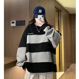1506/Q88030/P38秋季圆领拼接卫衣女韩版慵懒风套头休闲上衣服潮图片