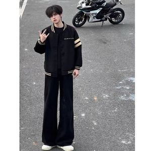 1506/Q80170/P34古着纯黑色直筒牛仔裤男简约微喇阔腿裤休闲裤子图片