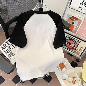 1506-1/TC331/P37重磅高质量白拼黑2025年嘻哈T恤日系潮流帅气图片
