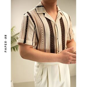 1506/QA67330/P48夏季轻薄镂空撞色短袖衬衫男女宽松潮牌衬衣
