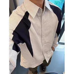 1506/70/P43日系cityboy蓝白条纹衬衫男秋季拼接长袖情侣衬衣图片