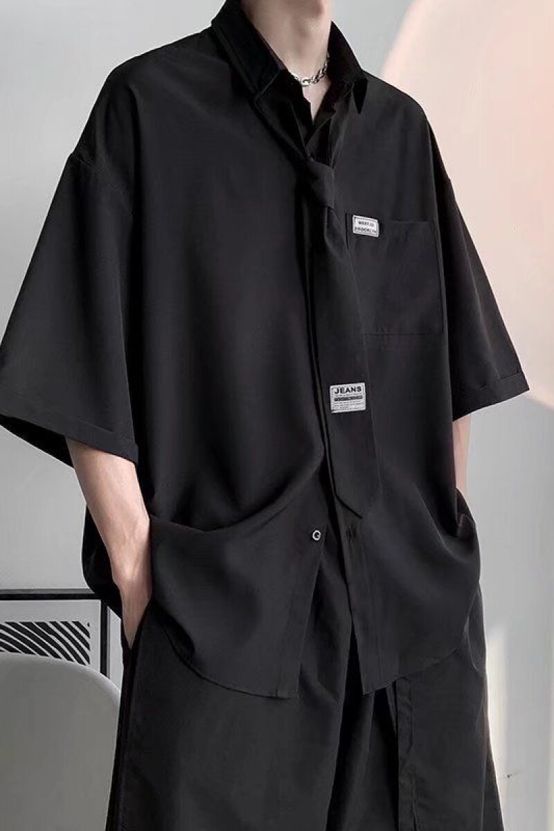 1506/QC010/P32短袖衬衫男禁欲系宽松五分袖衬衣冰丝七分袖配领带,男装衬衫,星座1506