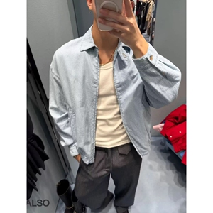 蓝白条纹短款外套男款cleanfit欧若风高级感拉链衬衫正肩翻领夹克图片