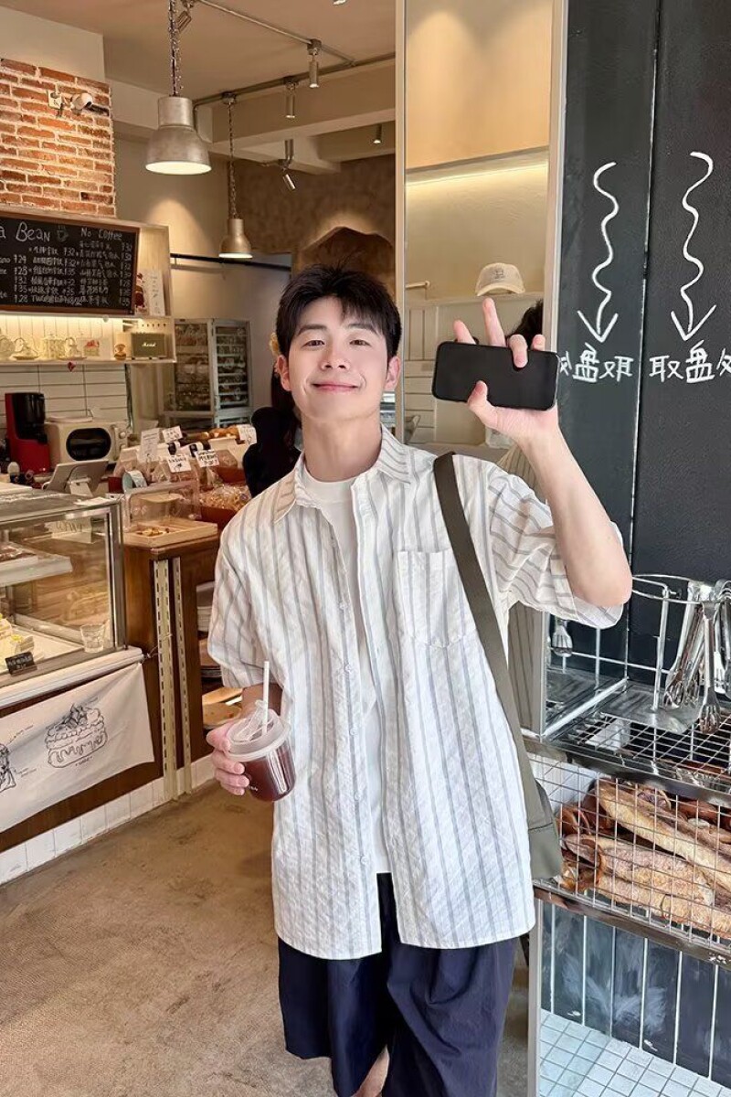 1506/QC1390/P35夏装日系竖条纹短袖衬衫男情侣潮宽松五分袖衬衣,男装T恤,星座1506
