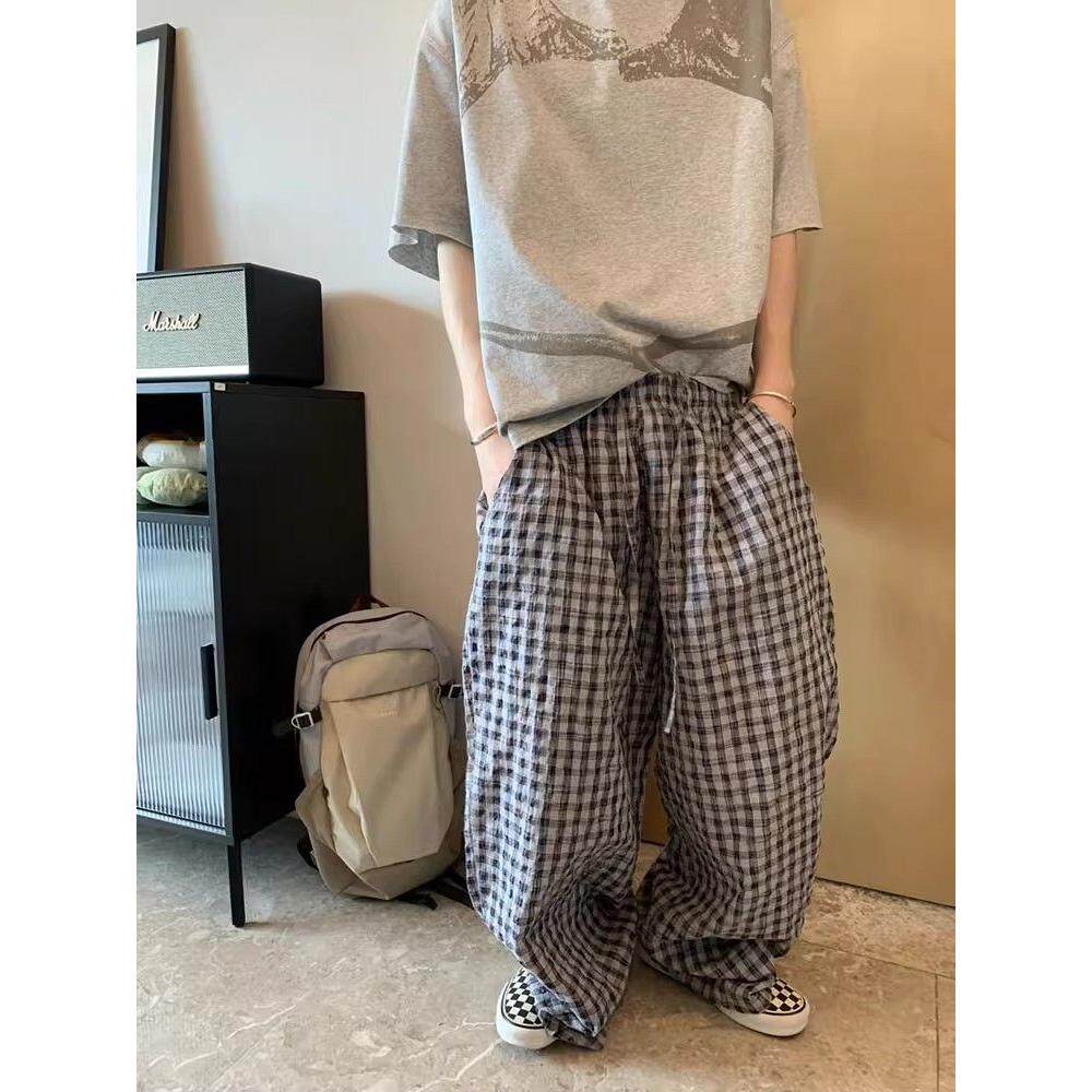 1506/Q311/P50春夏美式复古格子弯刀休闲裤情侣宽松垂感直筒裤图片