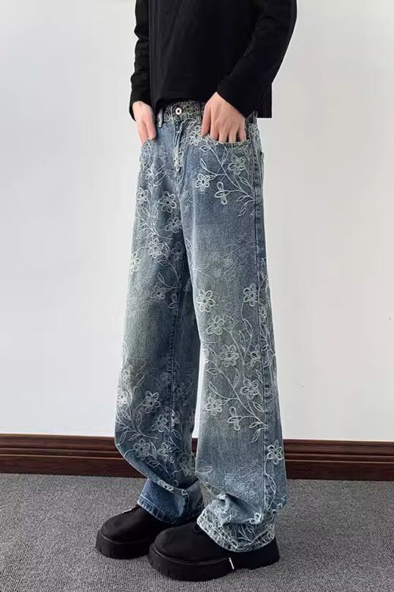 1506/QA1080/P49美式复古提花牛仔裤男秋季裤子高街直筒微喇裤,男装牛仔裤,星座1506