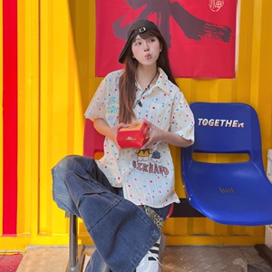 1506/Q82440/P42彩色波点刺绣短袖衬衫男女学院风百搭夏季减龄图片