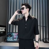 1506/QB370/P44男冰丝七分袖衬衫衣服宽松短袖发型师衬衣潮牌夏季，男装T恤，星座1506