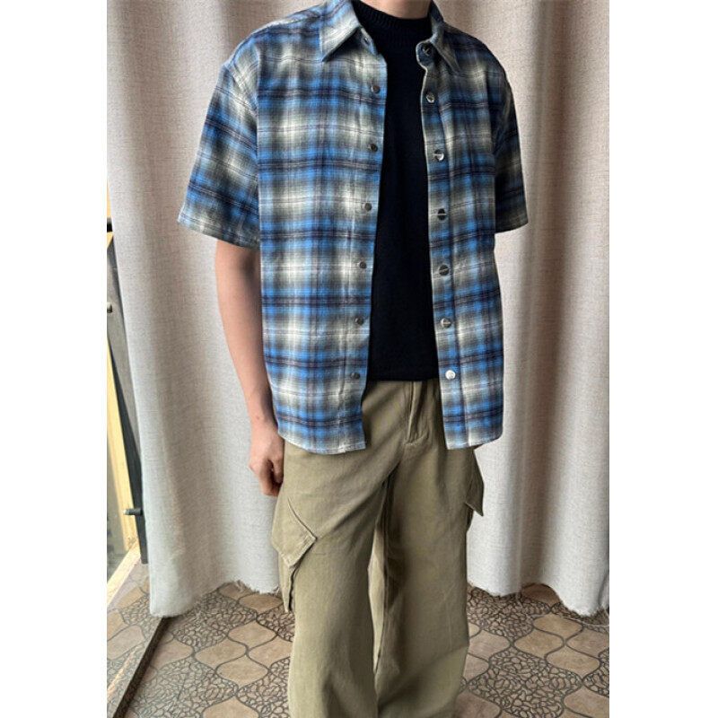 1506/Q44020/P38复古格子短袖衬衫男夏季薄款宽松情侣衬衣外套,男装T恤,星座1506
