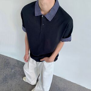 1506/QT3330/P42潮男假两件Polo领格子短袖T恤老钱风翻领短T恤图片
