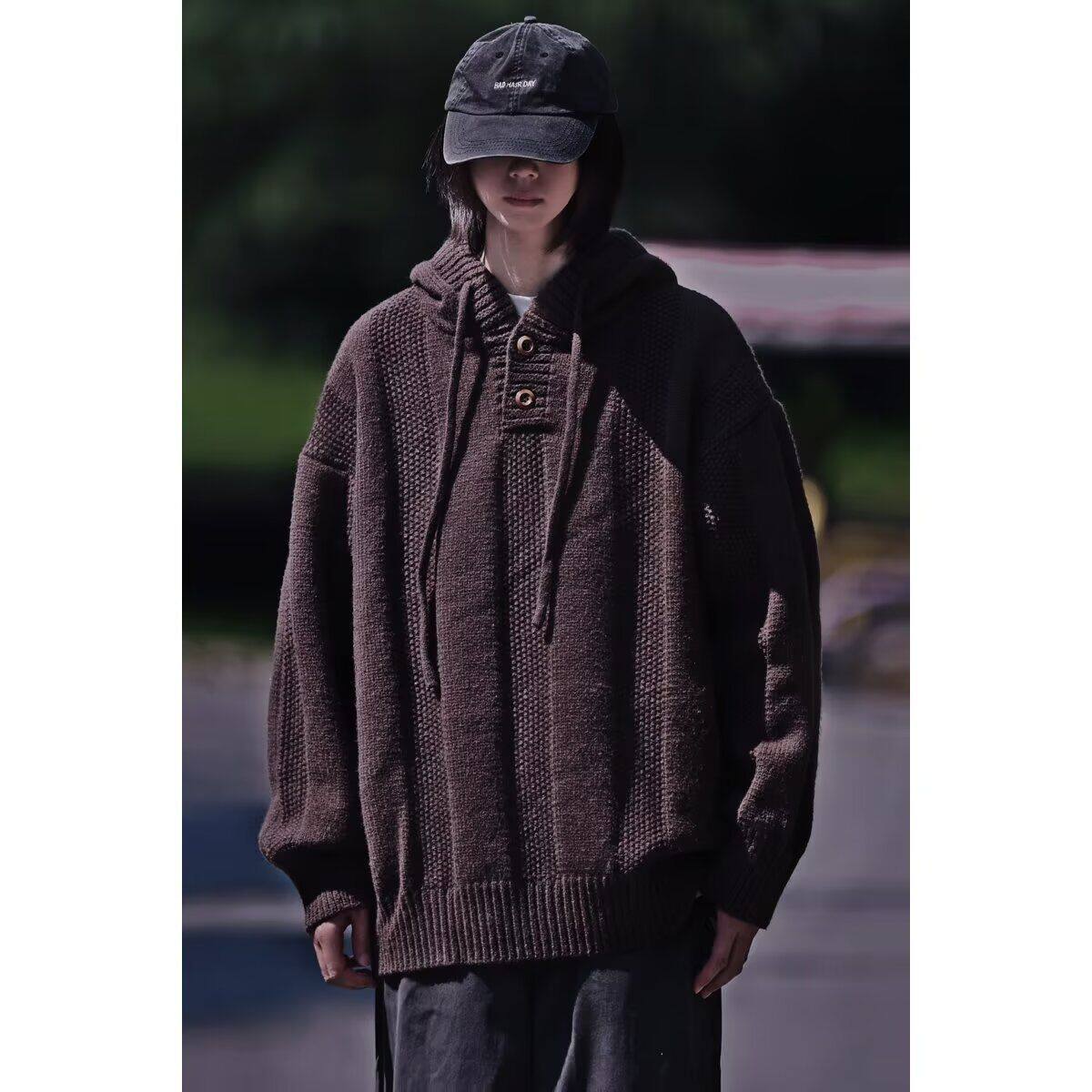 1506/QM2320/P57美式复古连帽宽松针织衫套头纯色上衣1，男装针织衫/毛衣，星座1506