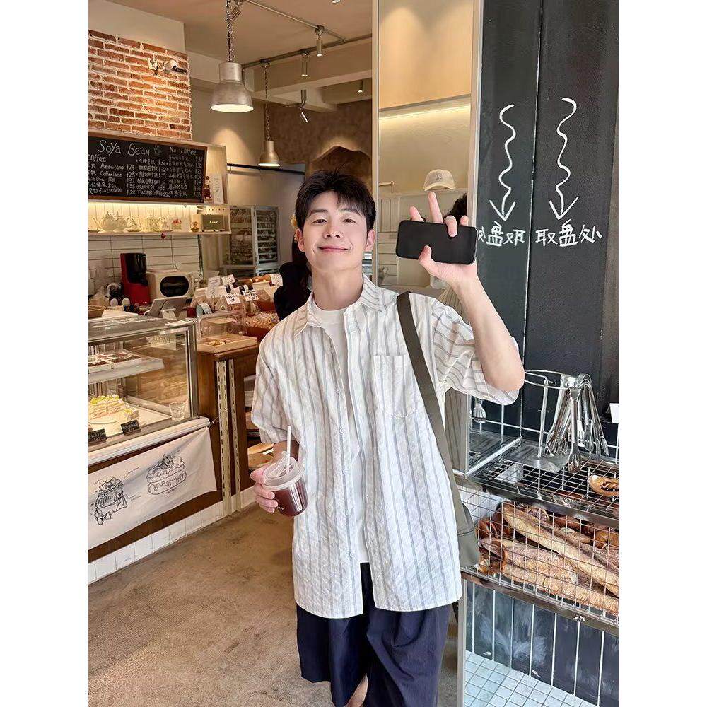1506/QC1390/P35夏装日系竖条纹短袖衬衫男情侣潮宽松五分袖衬衣图片