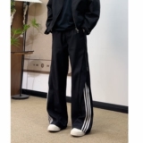 三条杠条纹侧拉链裤子男秋季潮牌美式复古街头宽松直筒阔腿休闲裤，男装休闲裤，星座1506