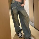 1506/QK11530/P52美式泼漆涂鸦阔腿牛仔裤男女复古废土风拖地裤，男装牛仔裤，星座1506