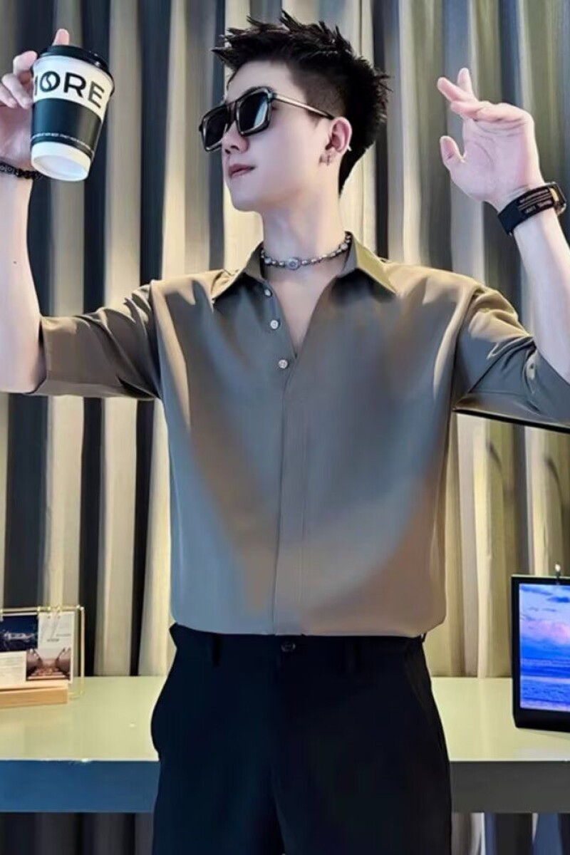 1506/Q221/P39夏季衬衫男款短袖潮五分袖冰丝潮牌半袖上衣服,男装T恤,星座1506