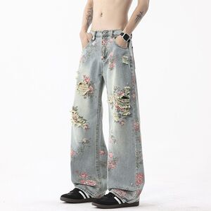 1506/Q279/P52美式复古玫瑰破洞牛仔裤男夏潮裤子满印直筒长裤图片