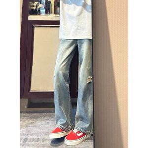 1506/QK11560/P43复古破洞牛仔裤男宽松休闲直筒裤潮水洗锥形长裤图片