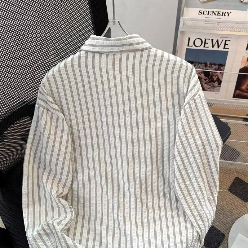 1506/Q5910/P42日系拼接条纹长袖衬衫男女简约翻领衬衣1,男装衬衫,星座1506