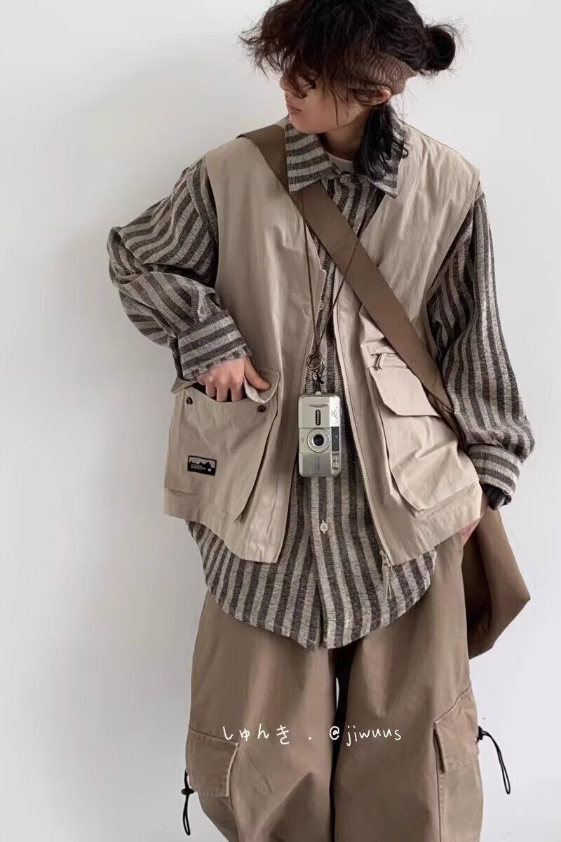 1506/Q2830/P57秋假两件工装衬衫男女机能多口袋马甲长袖衬衣,男装背心/马甲,星座1506