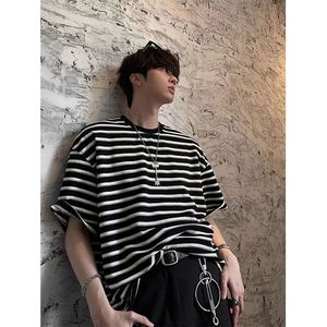 1506/Q295/P38黑白条纹短袖t恤男生夏季重磅潮牌宽松中袖体恤T,黑白穿衣搭配什么图片