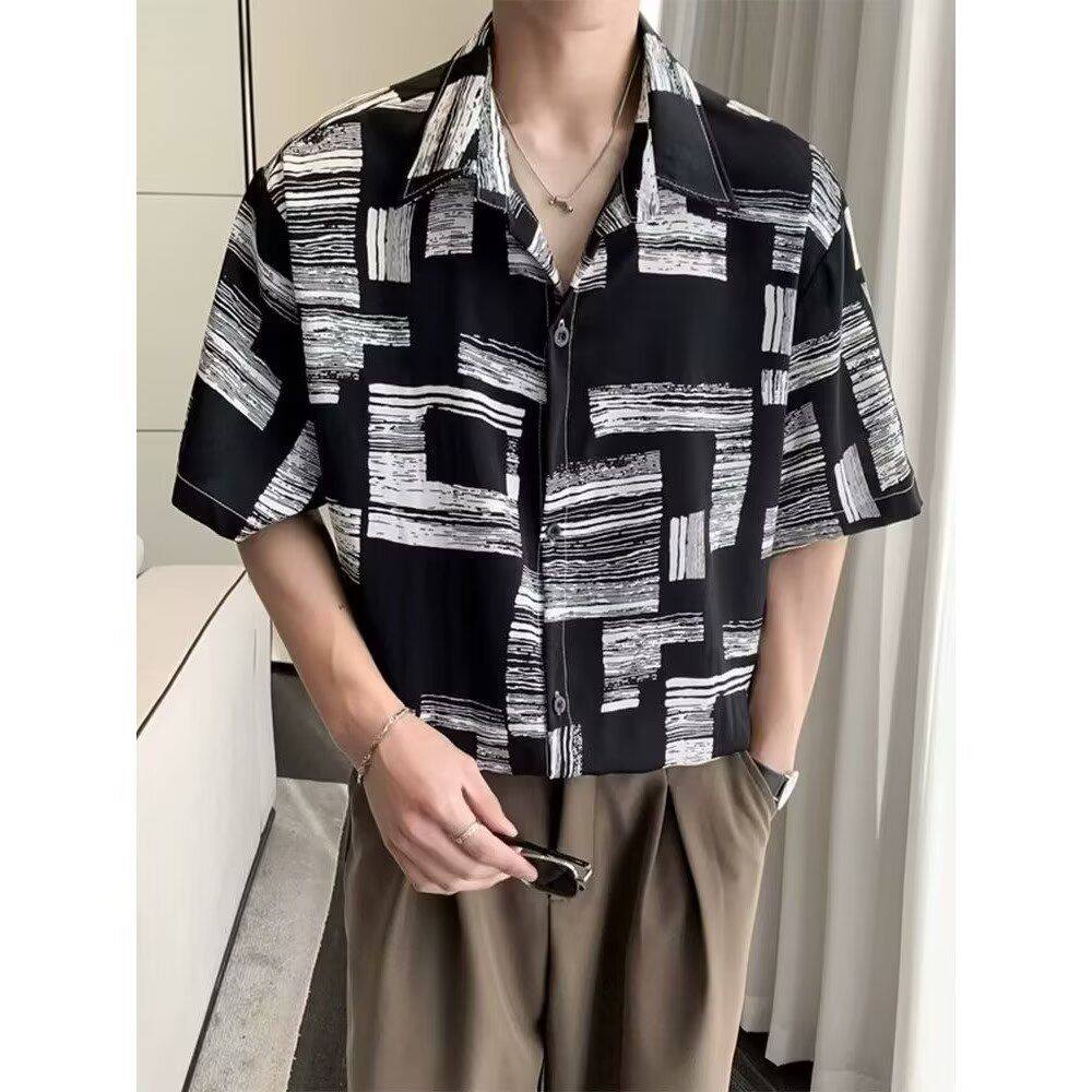 1506/QCS090/P29高品质短袖衬衫男夏冰丝度假花衬衣条纹宽松半袖,男装衬衫,星座1506