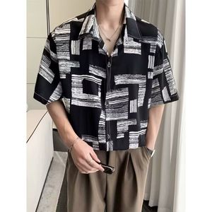 1506/QCS090/P29高品质短袖衬衫男夏冰丝度假花衬衣条纹宽松半袖